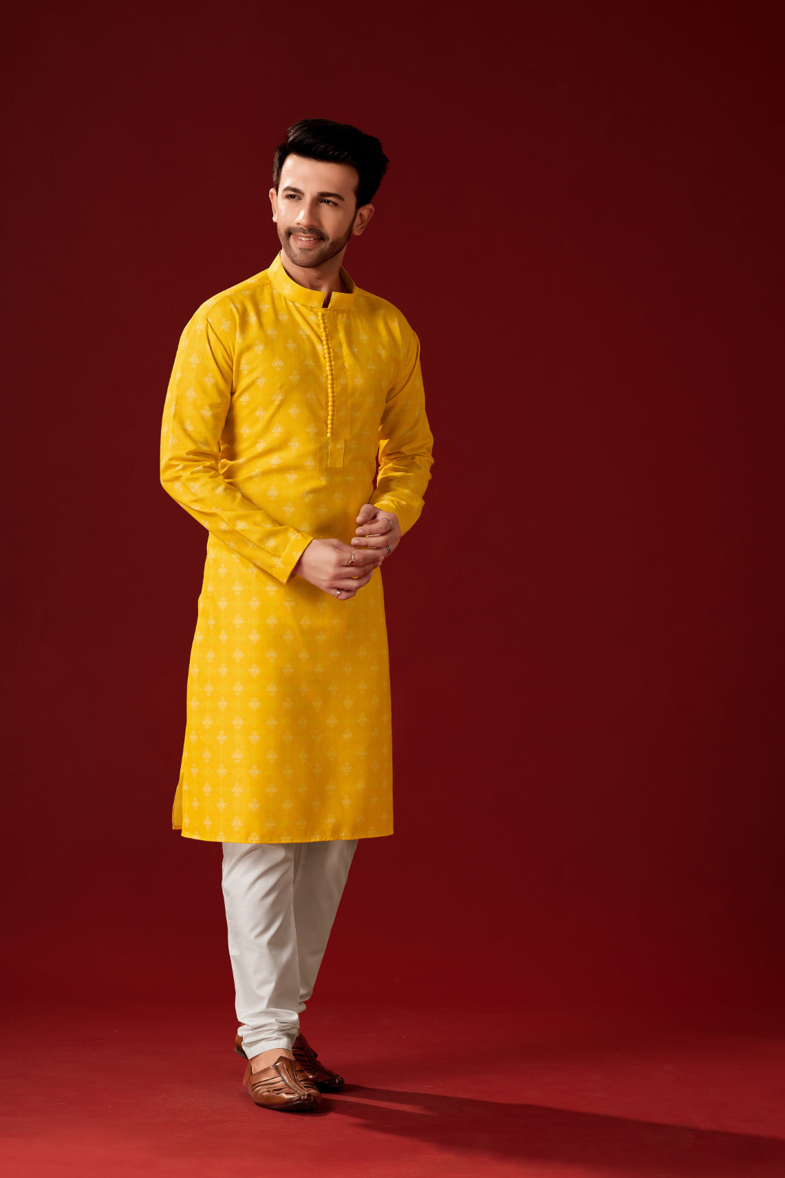 Men's Mustard Printed Cotton Kurta Pajama Set