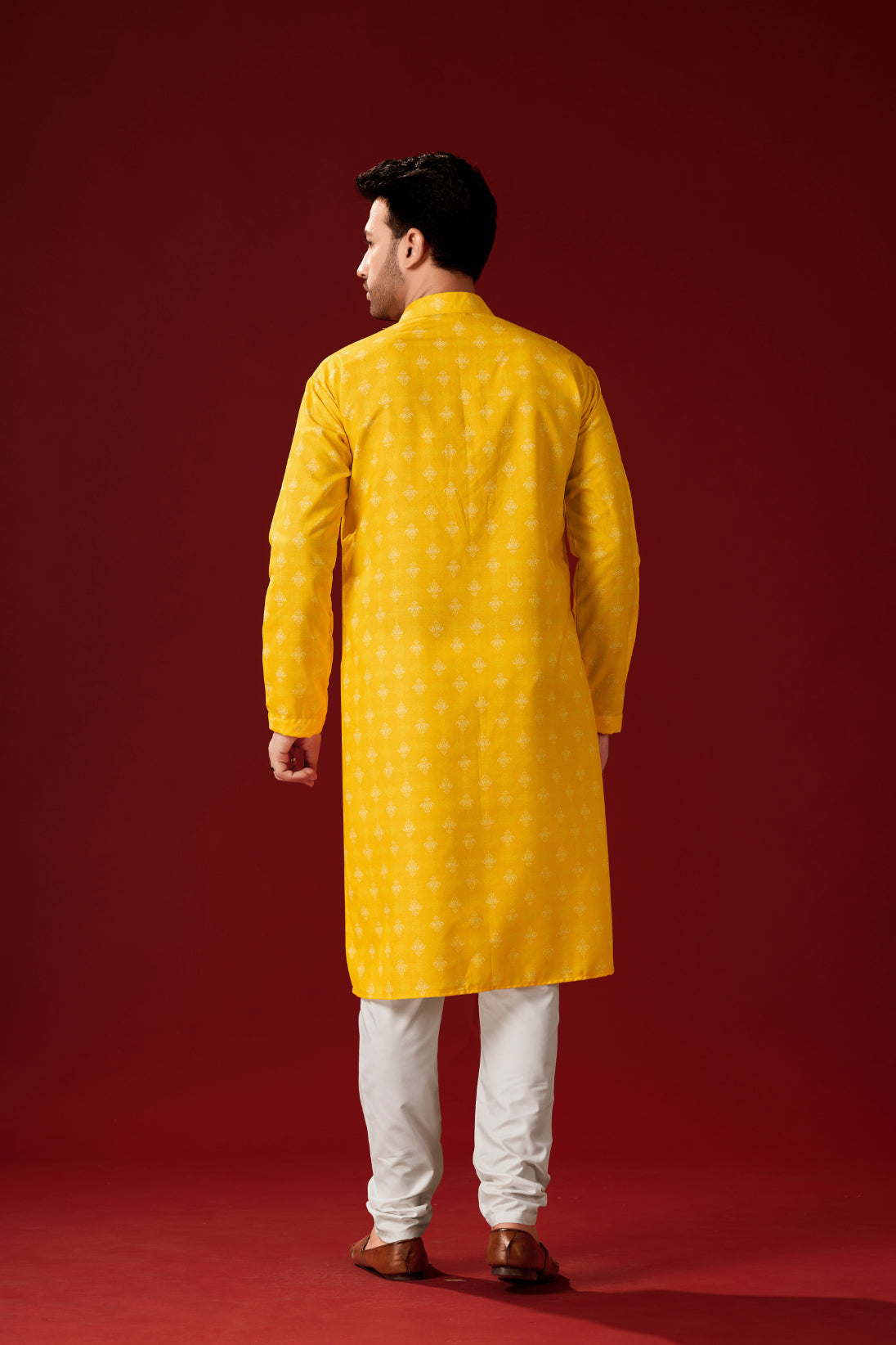 Men's Mustard Printed Cotton Kurta Pajama Set