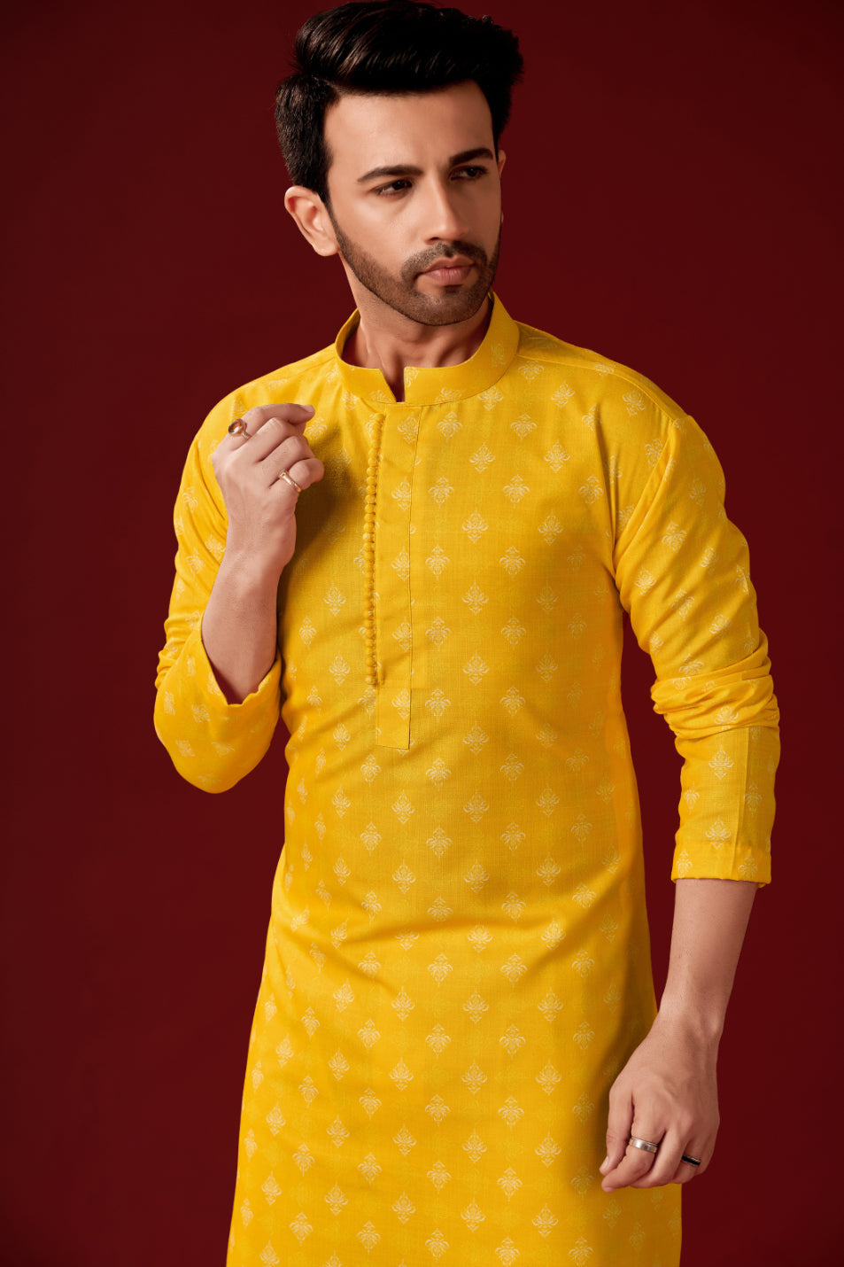 Men's Mustard Printed Cotton Kurta Pajama Set