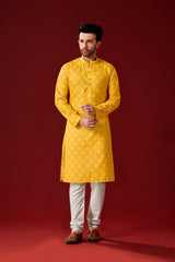 Ensemble pyjama Kurta en coton jaune imprimé pour homme