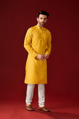 Ensemble pyjama Kurta en coton jaune imprimé pour homme