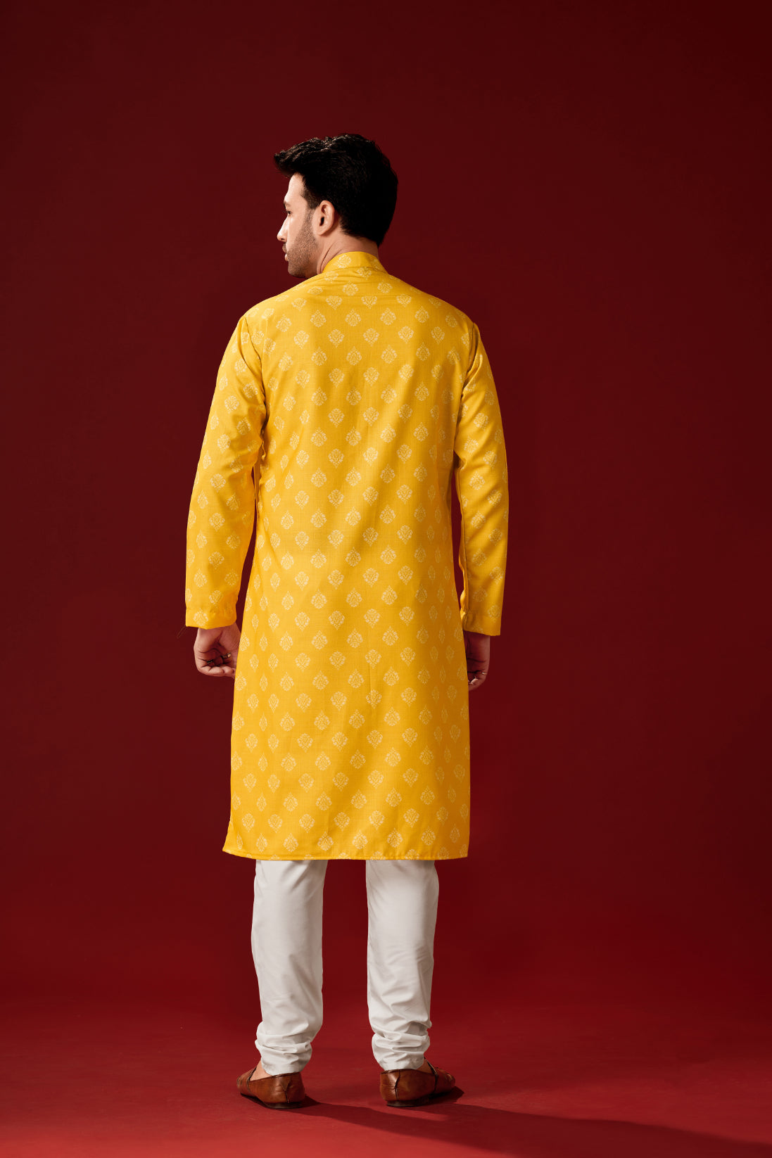 Ensemble pyjama Kurta en coton jaune imprimé pour homme