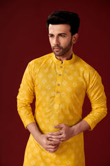 Ensemble pyjama Kurta en coton jaune imprimé pour homme