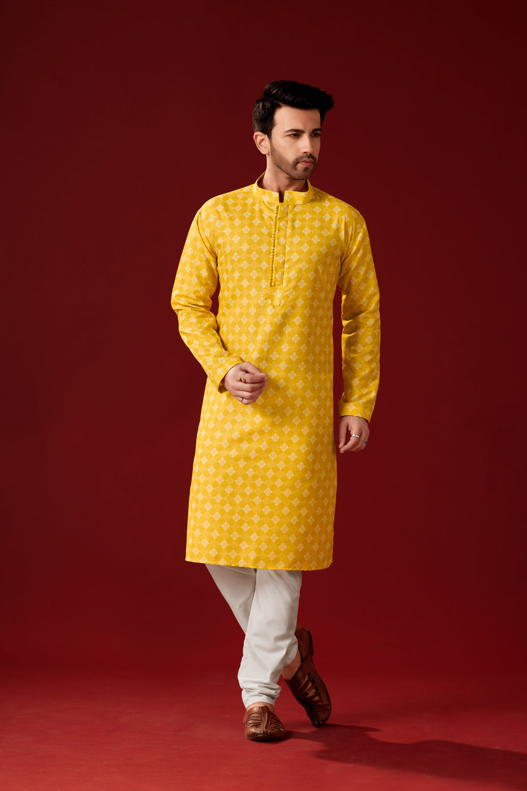 Men's Yellow Printed Cotton Kurta Pajama Set