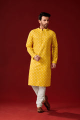 Men's Yellow Printed Cotton Kurta Pajama Set