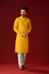 Men's Yellow Printed Cotton Kurta Pajama Set Haldi Outfit