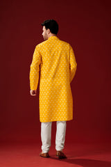 Men's Yellow Printed Cotton Kurta Pajama Set Haldi Outfit