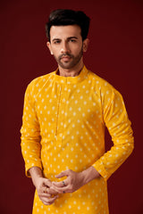 Men's Yellow Printed Cotton Kurta Pajama Set Haldi Outfit