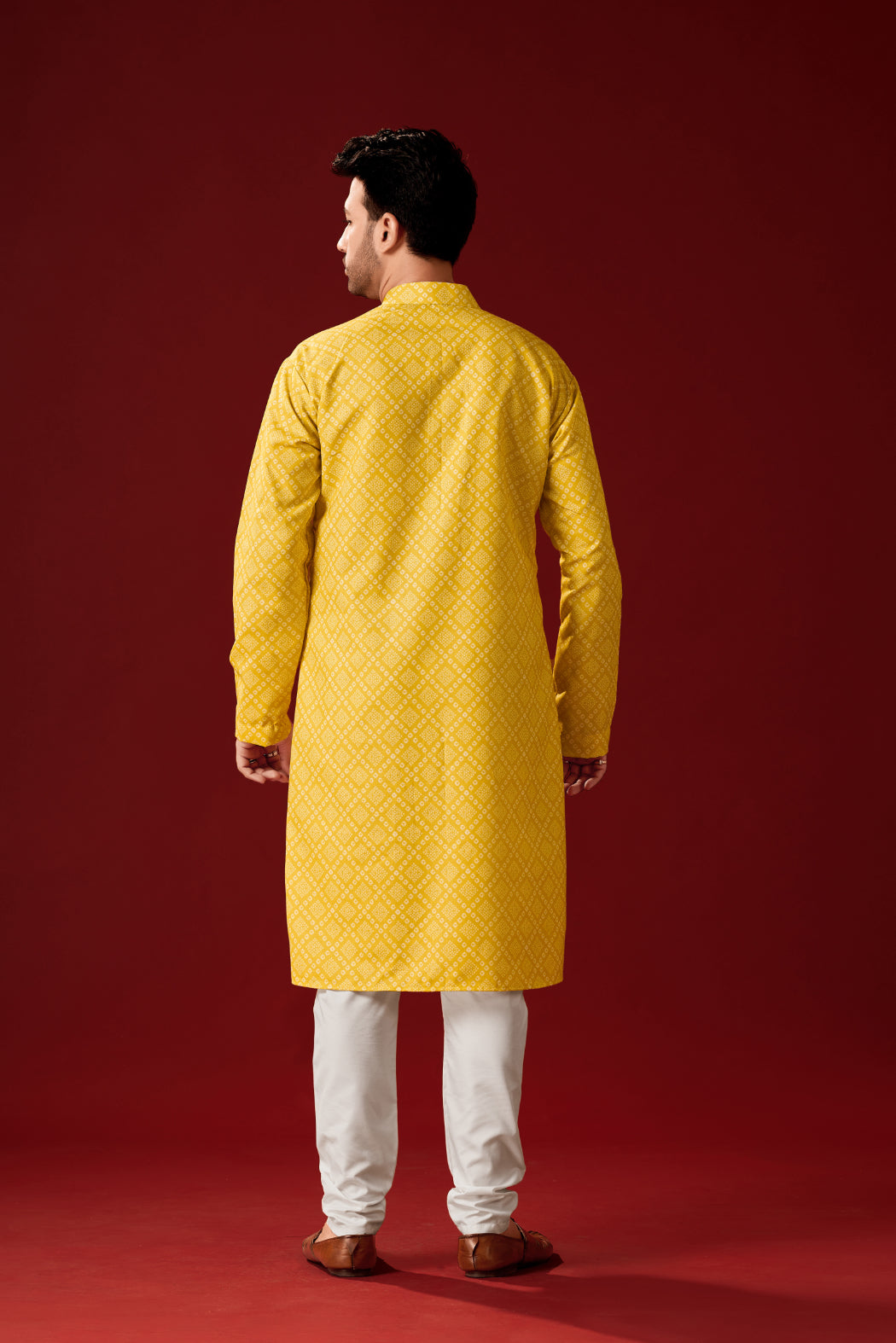 Men's Yellow Printed Cotton Kurta Pajama Set