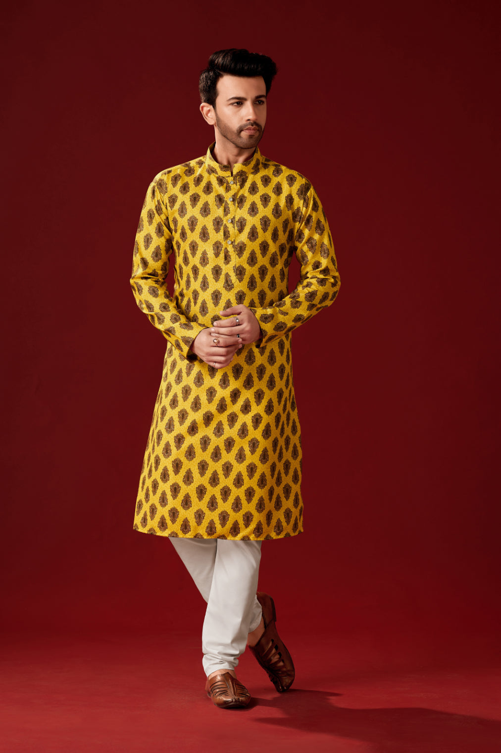 Men's Mustard Printed Tunic Cotton Kurta Pajama Set