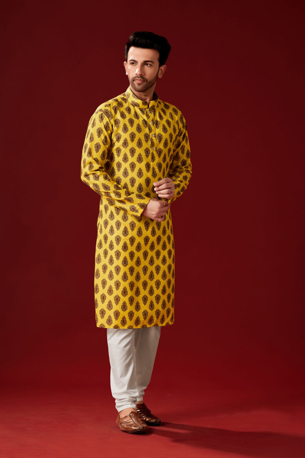 Men's Mustard Printed Tunic Cotton Kurta Pajama Set