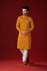 Men's Brownish Orange Printed Cotton Kurta Pajama Set