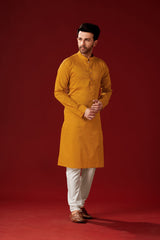 Men's Brownish Orange Printed Cotton Kurta Pajama Set