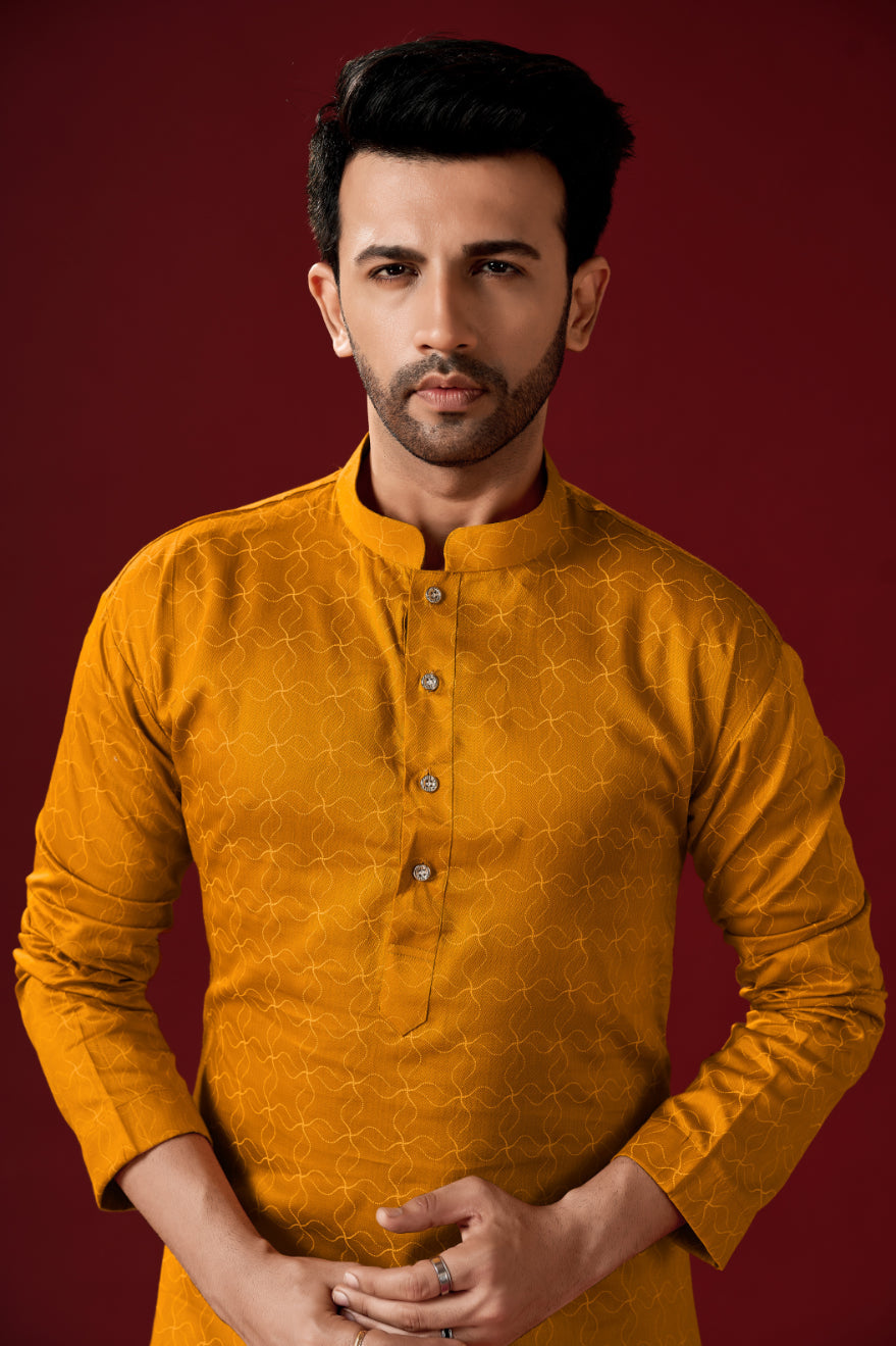 Men's Brownish Orange Printed Cotton Kurta Pajama Set