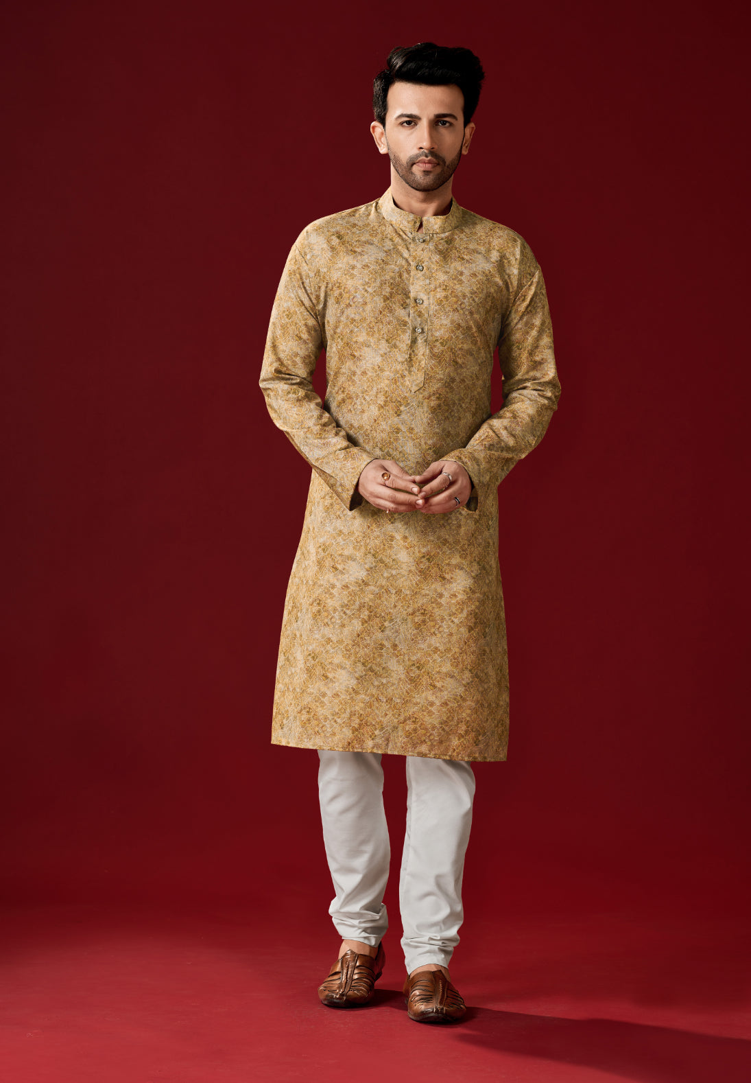 Men's Dark Beige Printed Cotton Kurta Pajama Set