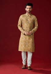 Men's Dark Beige Printed Cotton Kurta Pajama Set