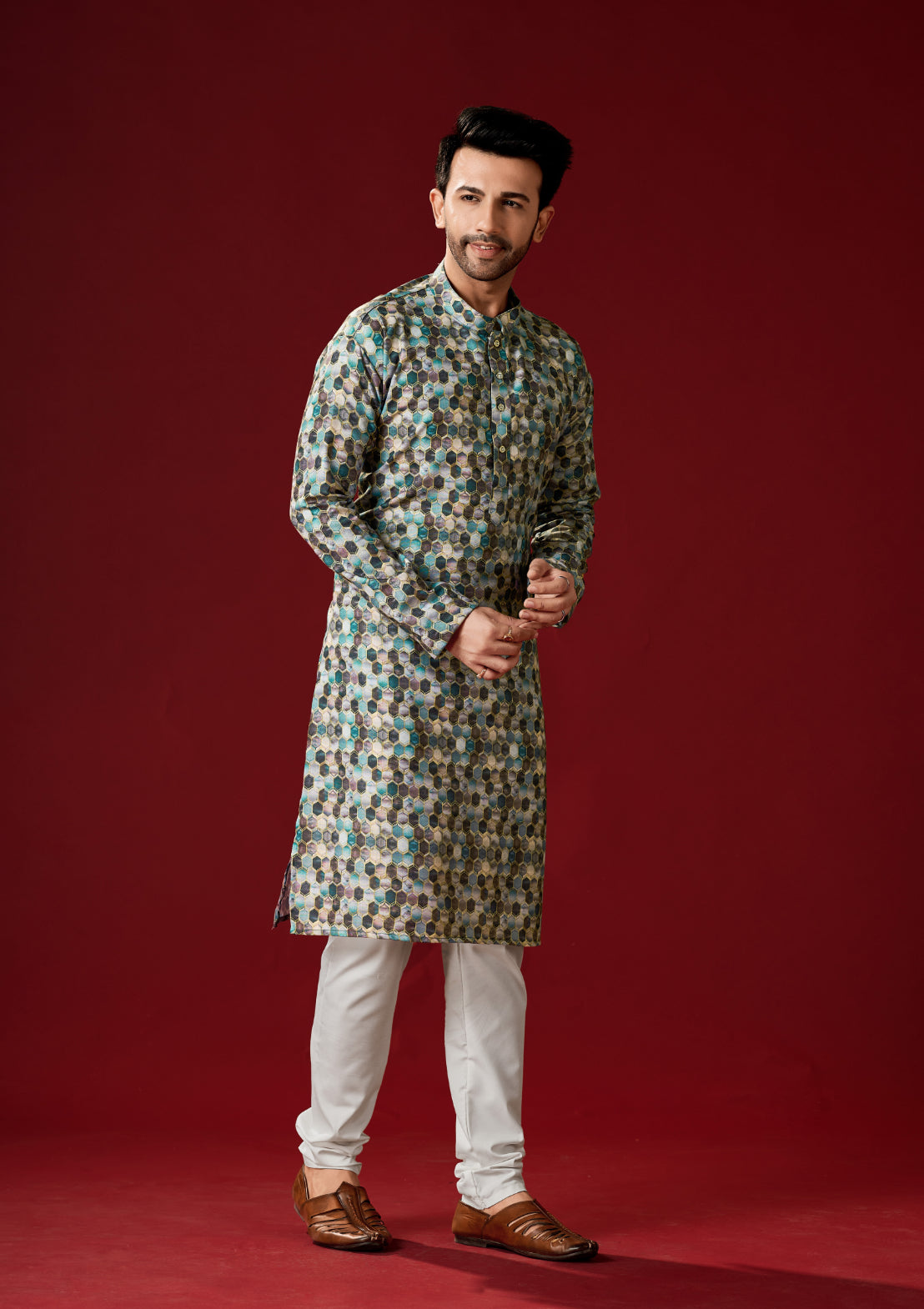 Men's Metallic Blue Cotton Kurta Pajama Set