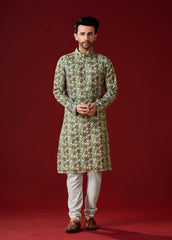 Men's Greenish Yellow Cotton Kurta Pajama Set