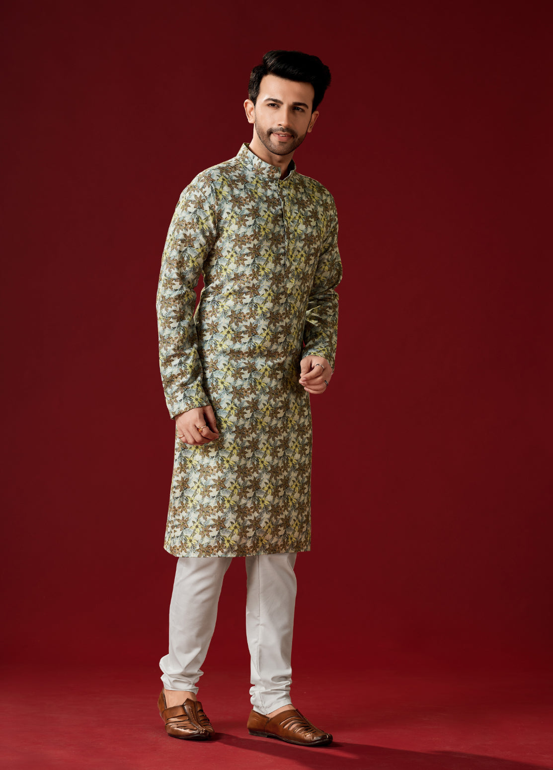 Men's Greenish Yellow Cotton Kurta Pajama Set