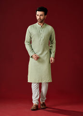 Men's Green Printed Cotton Kurta Pajama Set