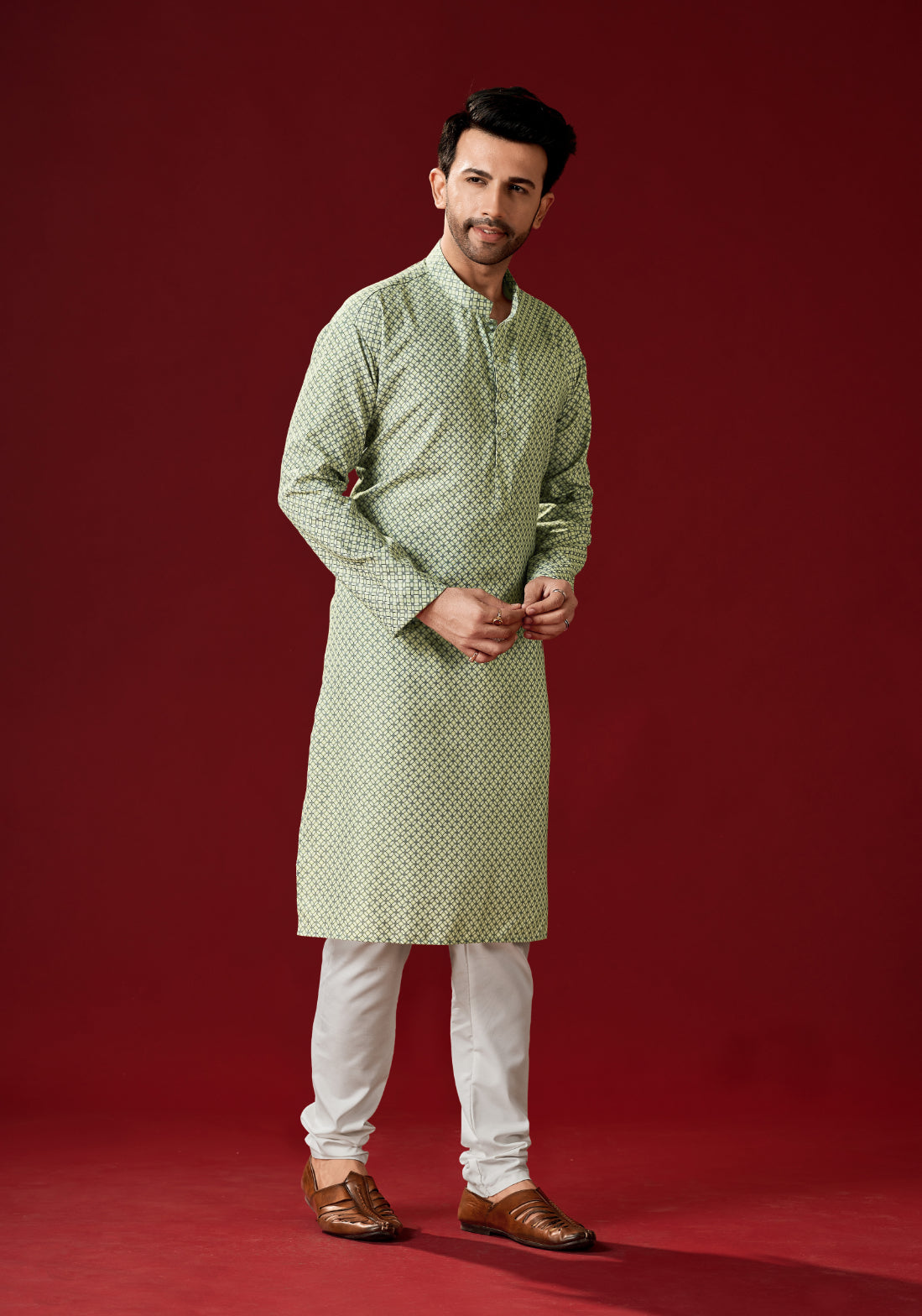 Men's Green Printed Cotton Kurta Pajama Set