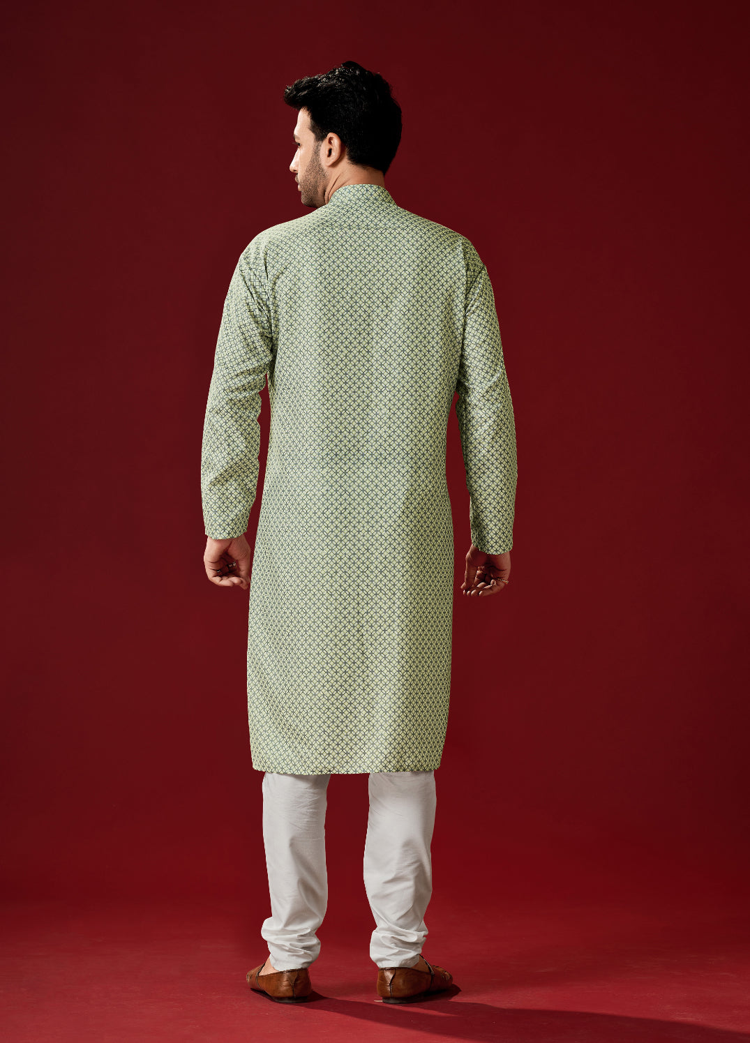 Men's Green Printed Cotton Kurta Pajama Set