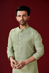 Men's Green Printed Cotton Kurta Pajama Set