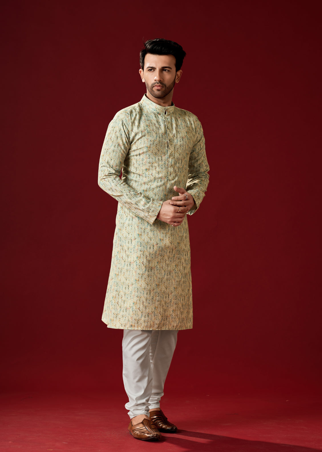 Men's Thistel Green Printed Cotton Kurta Pajama Set