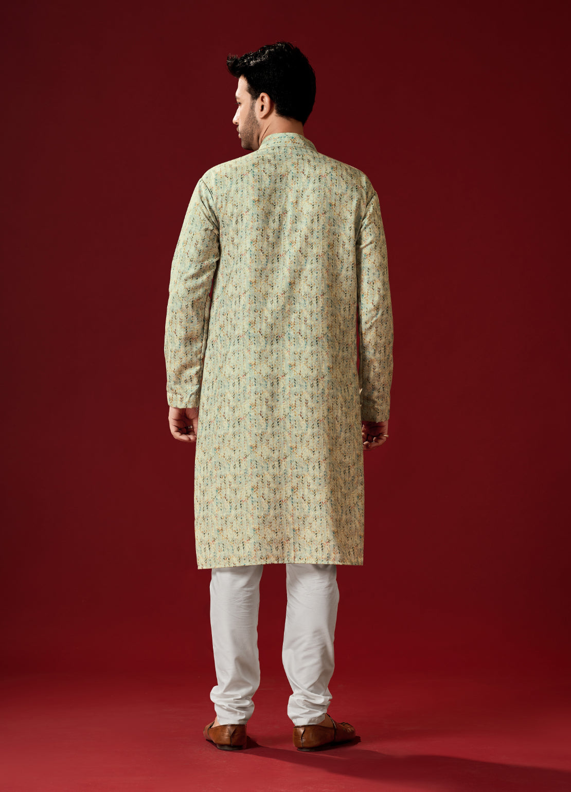 Men's Thistel Green Printed Cotton Kurta Pajama Set