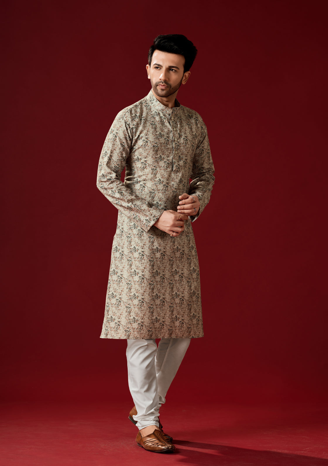 Men's Granite Green Printed Cotton Kurta Pajama Set