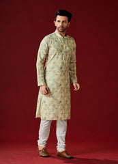 Men's Greenish Yellow Printed Cotton Kurta Pajama Set