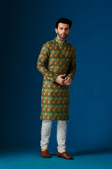 Men's Hazel Green Printed Cotton Kurta Pajama Set