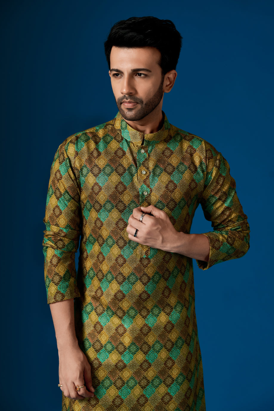 Men's Hazel Green Printed Cotton Kurta Pajama Set