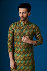 Men's Hazel Green Printed Cotton Kurta Pajama Set