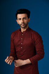 Men's Rustic Red Cotton Printed Kurta Pajama Set