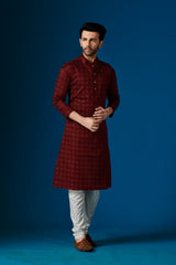 Ensemble pyjama Kurta en coton imprimé rouge rustique pour homme