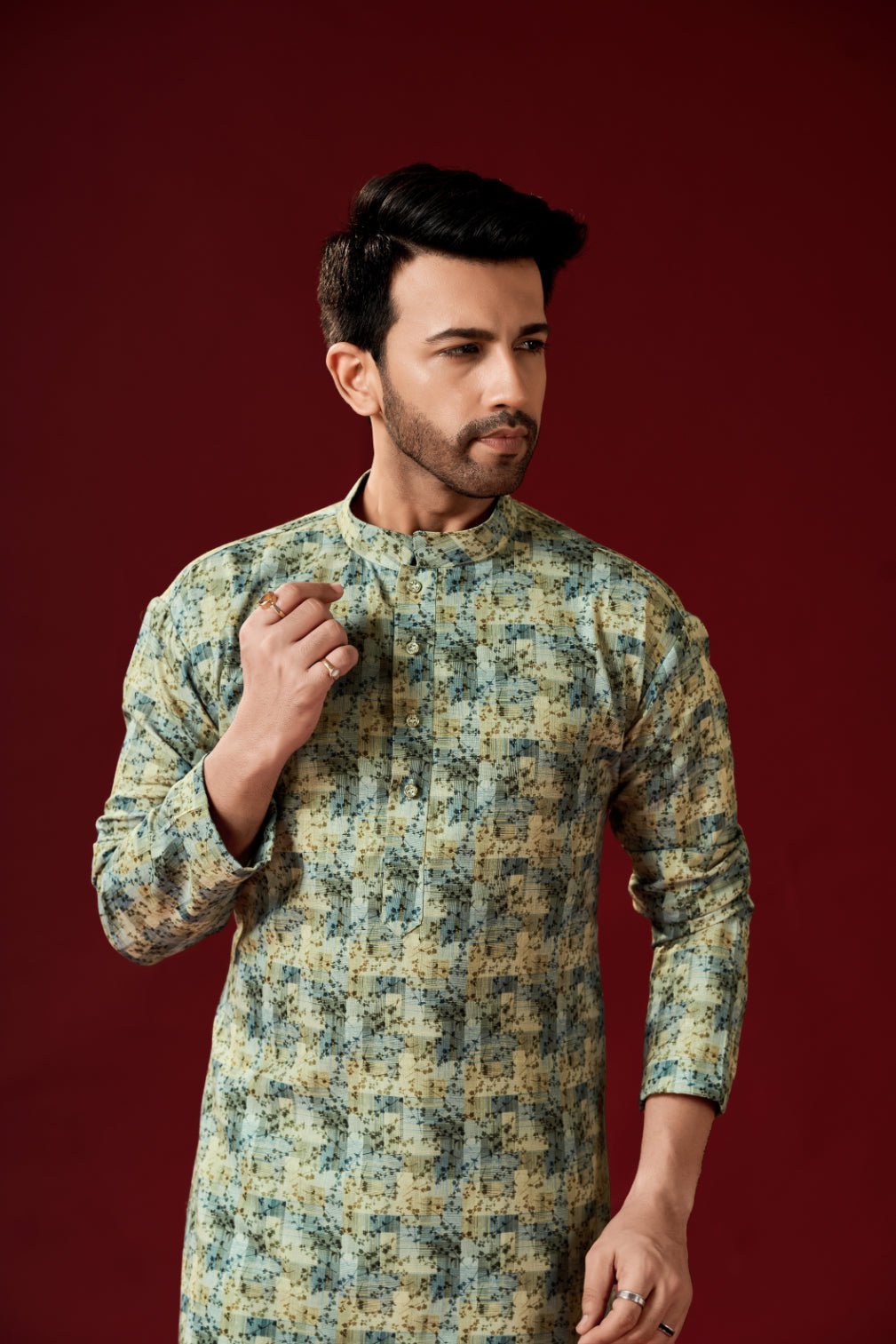 Men's Sage Green Printed Cotton Kurta Pajama Set