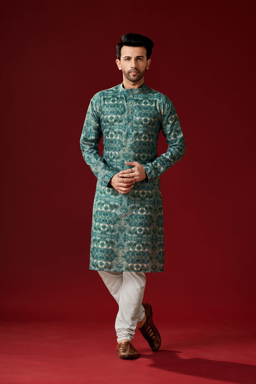 Men's Timber Green Printed Cotton Kurta Pajama Set