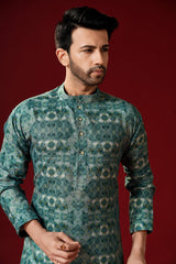 Men's Timber Green Printed Cotton Kurta Pajama Set