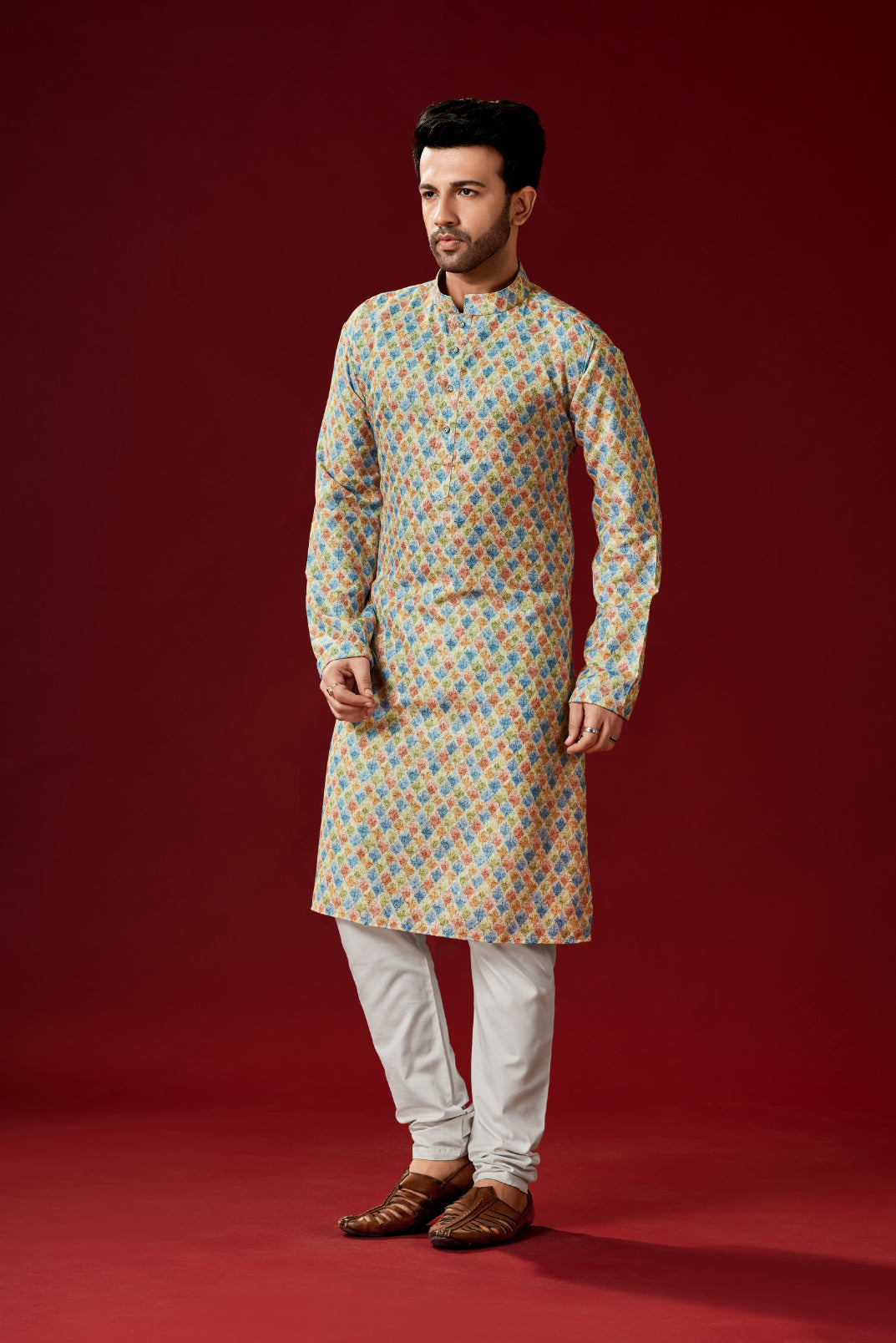 Ensemble pyjama Kurta en coton imprimé multicolore pour homme