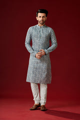 Ensemble pyjama Kurta en coton imprimé gris fumé pour homme