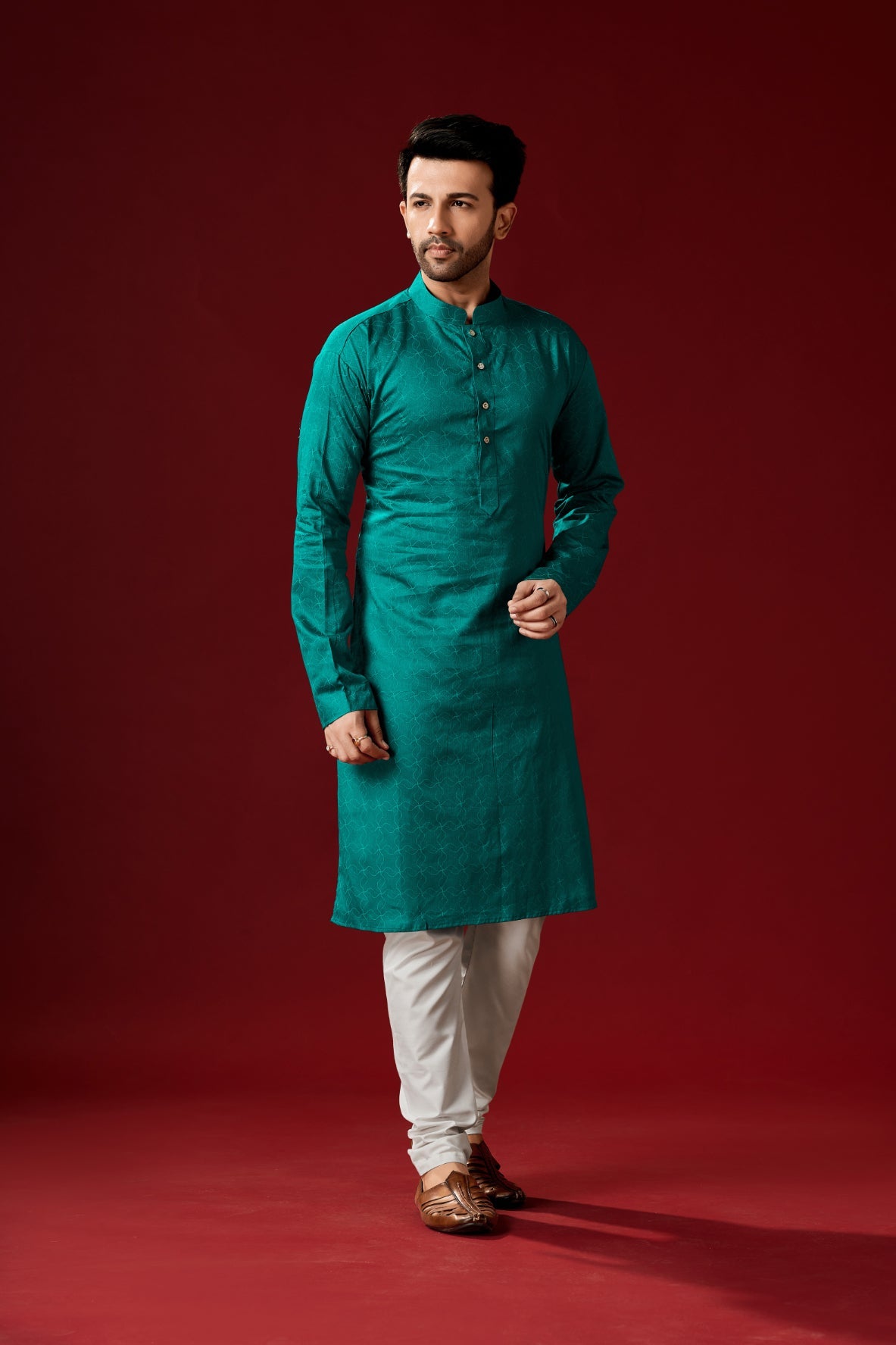 Men's Teal Green Printed Cotton Kurta Pajama Set