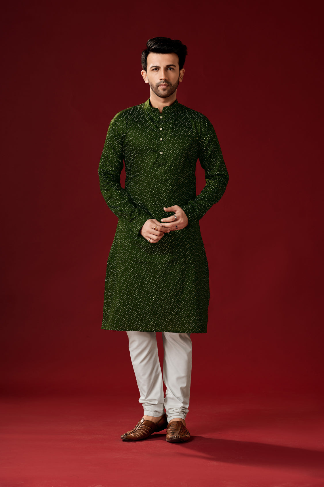 Men's Palm Green Printed Cotton Kurta Pajama Set