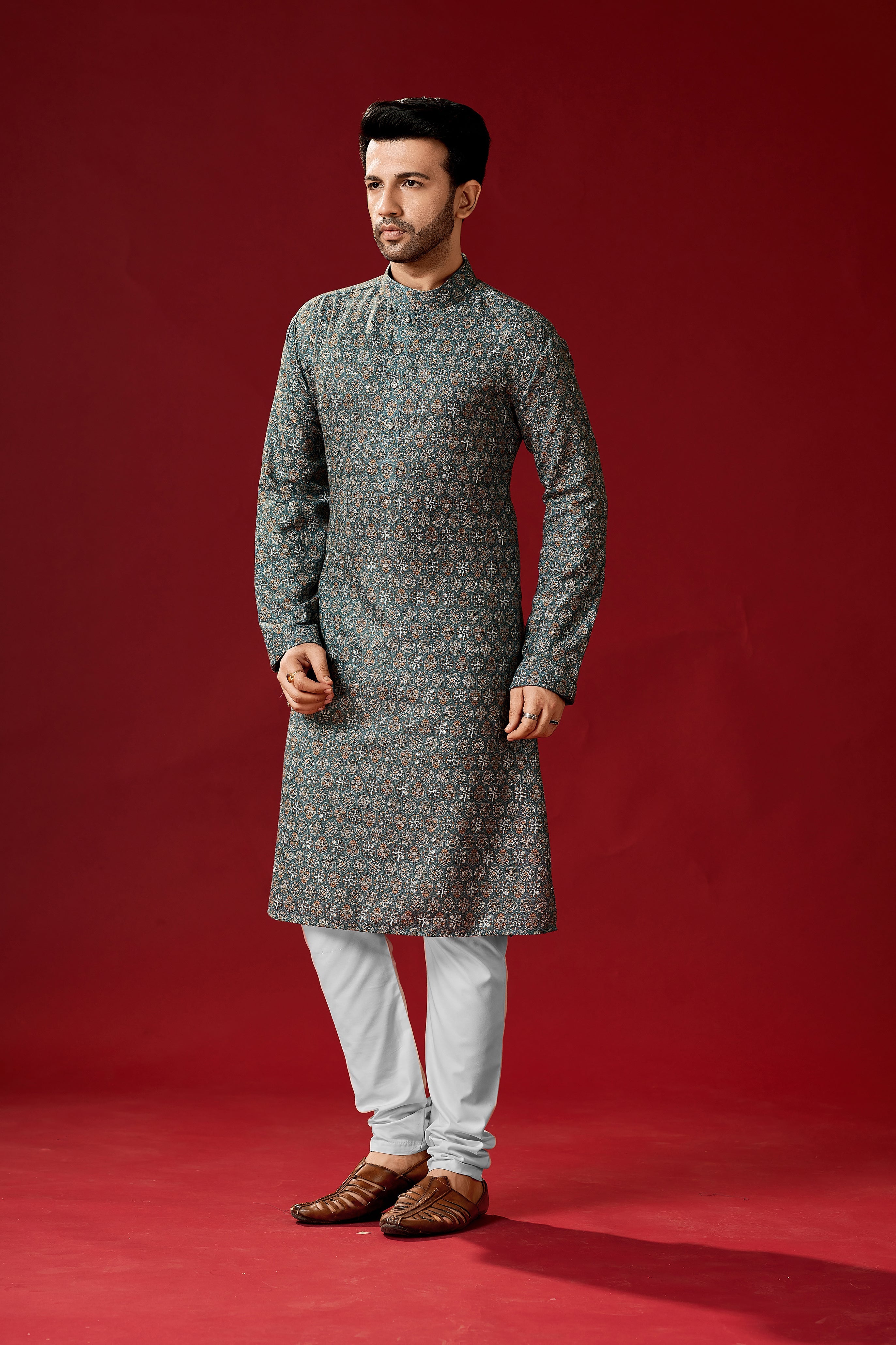 Men's Charcoal Grey Printed Cotton Kurta Pajama Set