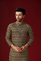 Men's Brown Printed Cotton Kurta Pajama Set