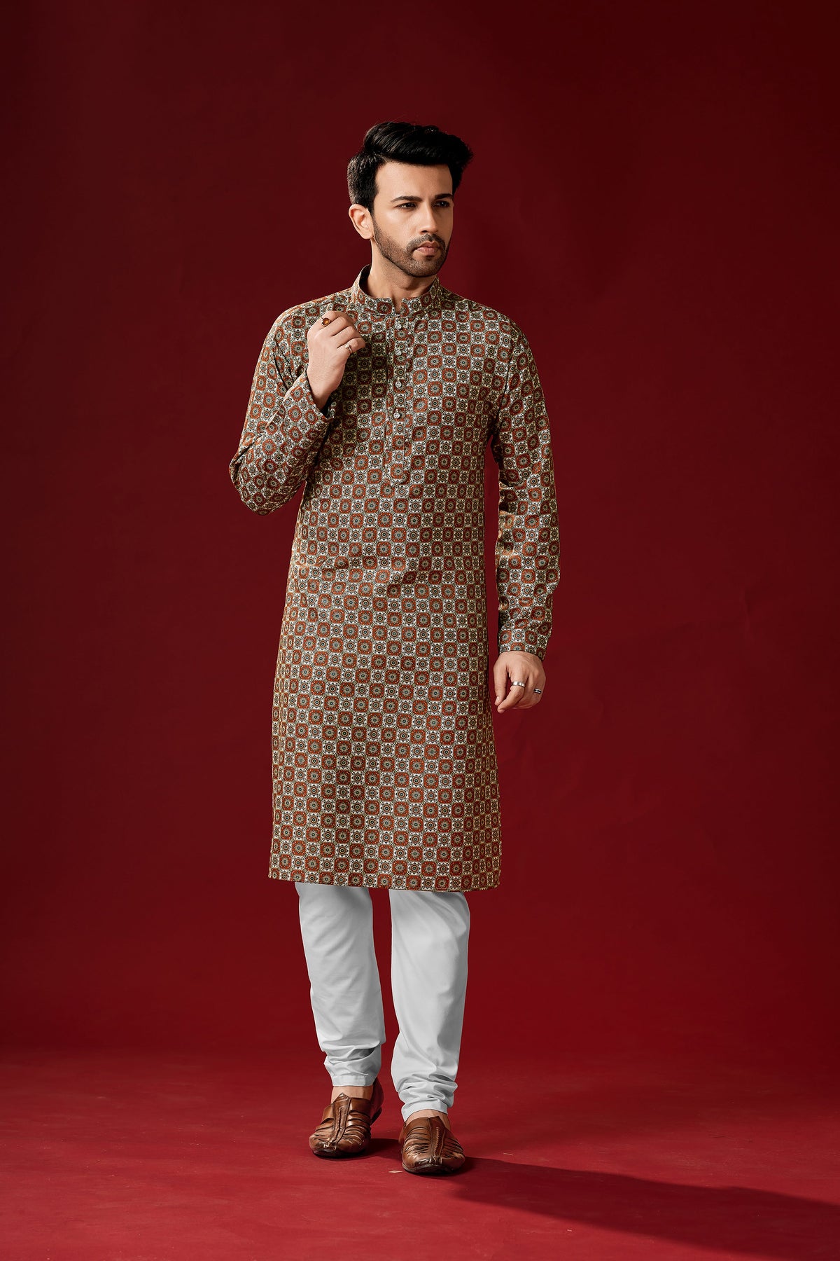 Men's Dark Orange Printed Cotton Kurta Pajama Set