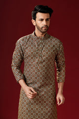 Men's Dark Orange Printed Cotton Kurta Pajama Set