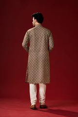 Men's Dark Orange Printed Cotton Kurta Pajama Set