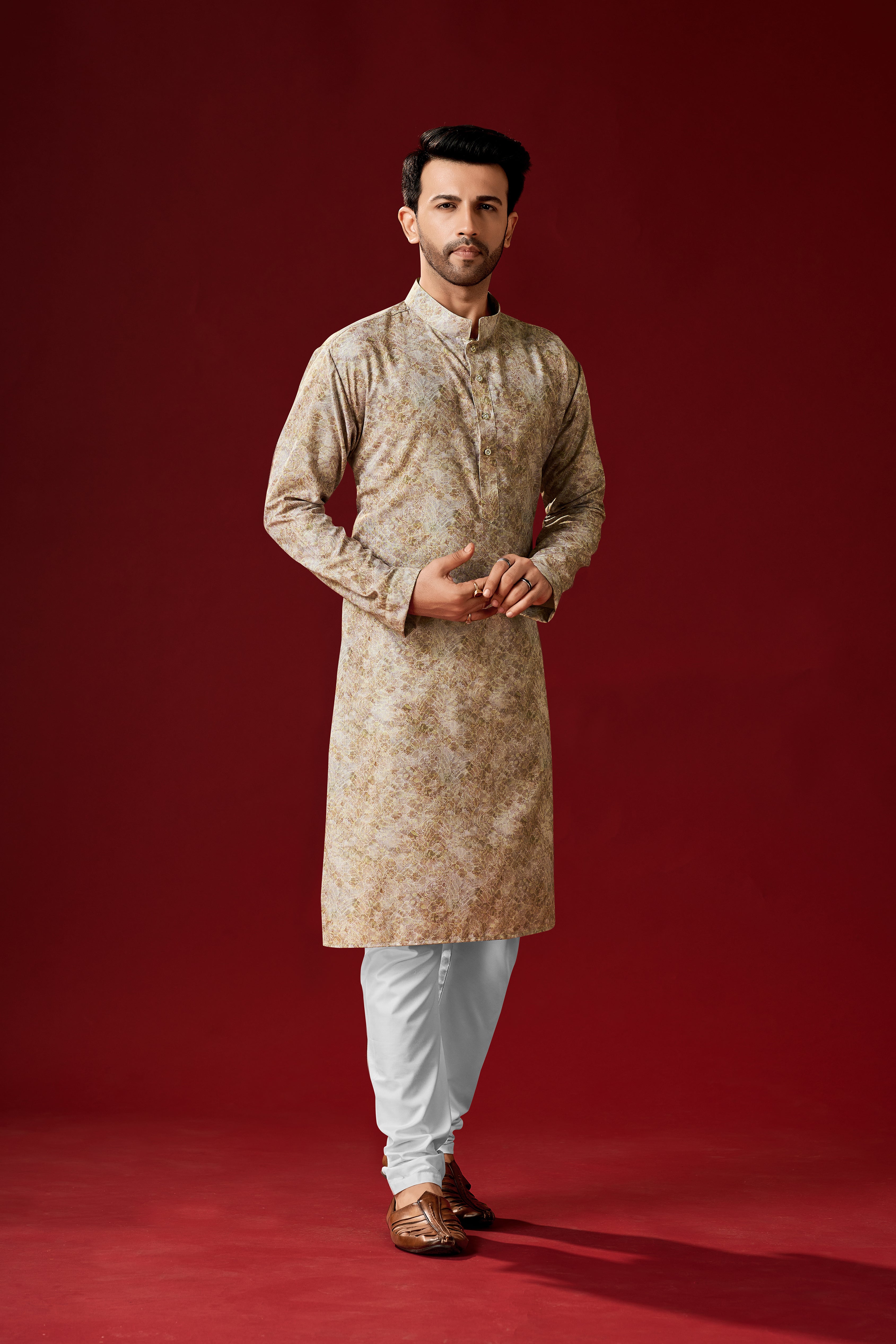 Men's Beige Printed Cotton Kurta Pajama Set