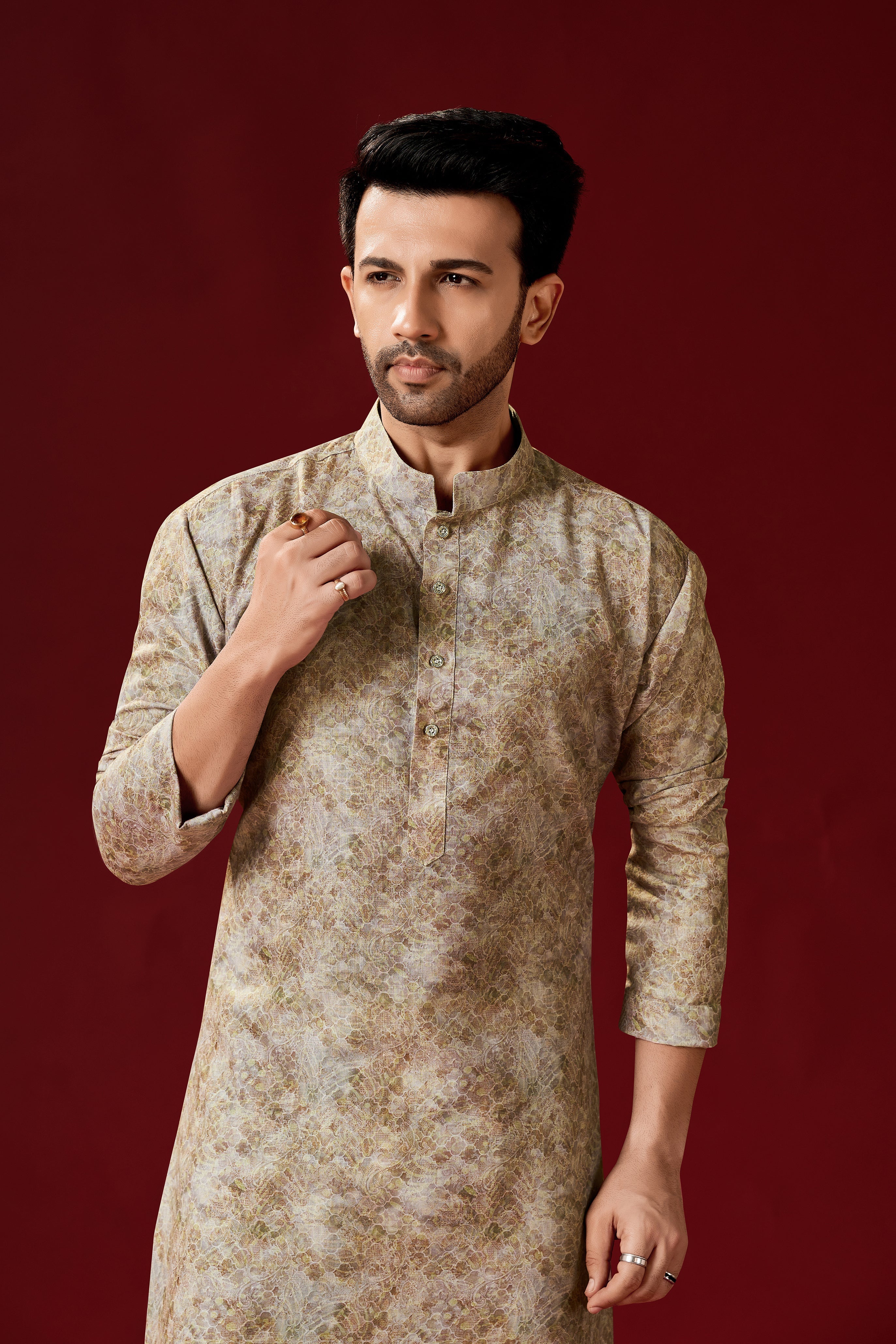 Men's Beige Printed Cotton Kurta Pajama Set